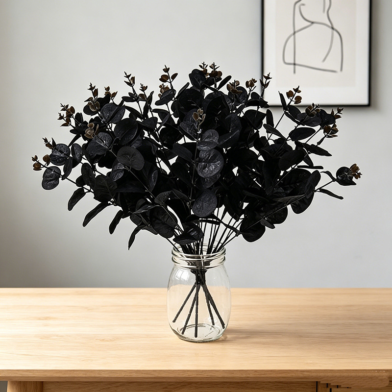 4-Branch Black Money Leaf Halloween Party Decoration Floral Material Artificial Leaves Fake Flowers Eucalyptus Bunch Artificial Flowers