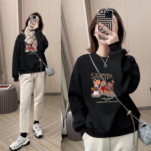Women's Spring and Autumn Trend Round Neck Sweatshirt, Loose Drop Shoulder Hoodie, Fleece Lined and Thickened Couple's Top for Petite Figures