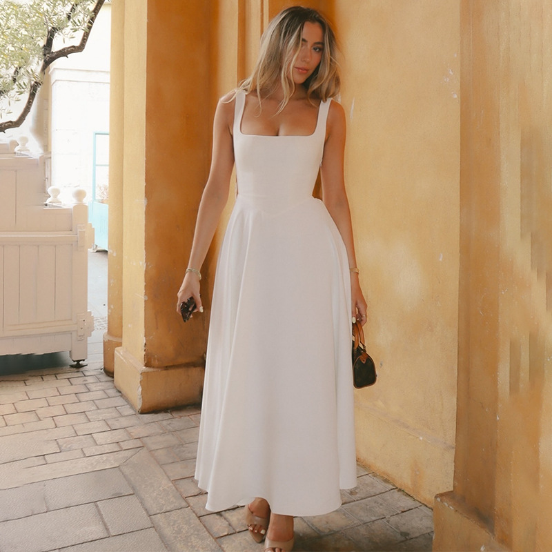 A588DS European And American Cross-Border 2024 Summer New Solid Color Square Neck Sleeveless Strap Long Fashion Women's_ecoleips.com