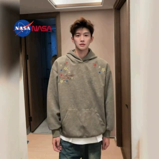 NASA重磅砂洗趣味星星刺绣连帽卫衣男女秋季潮牌宽松加厚运动帽衫