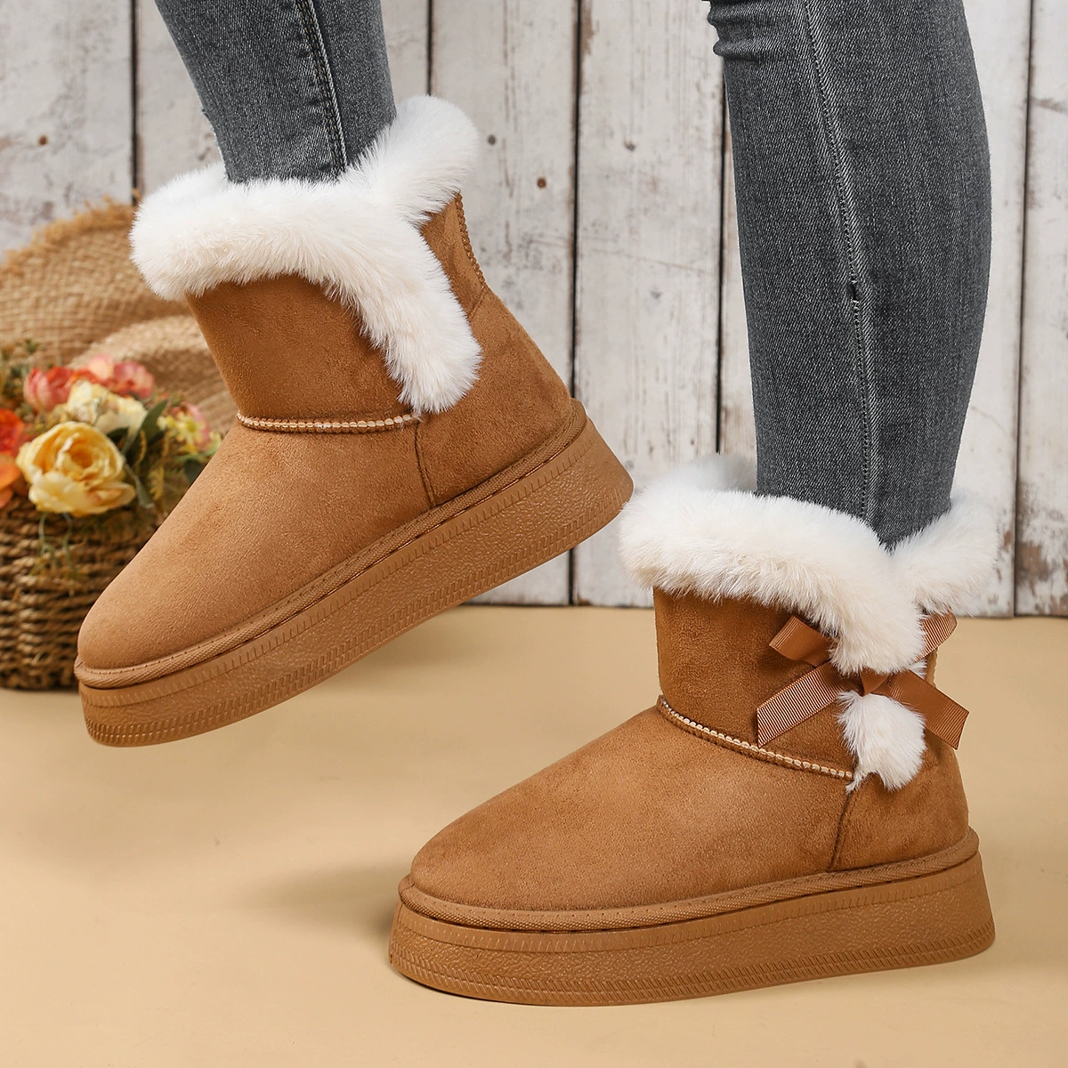 Зимние тёплые нескользящие ботинки на платформе с бантом, для импорта