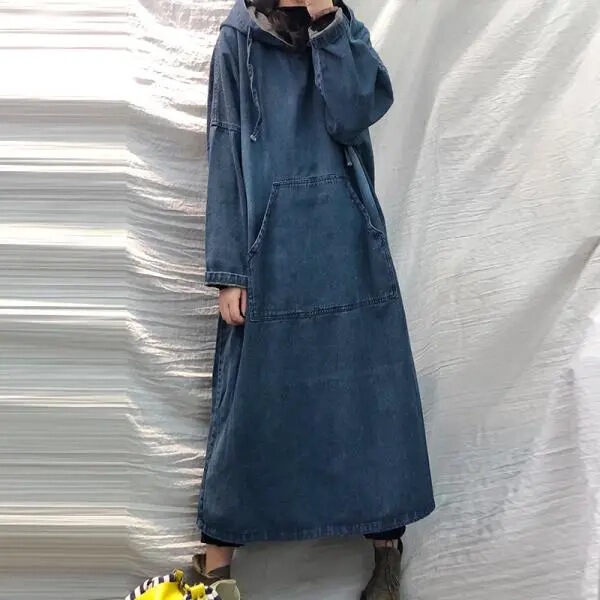 Original Autumn and Winter Mori Dress Vintage Mori Women's Style Loose Large Size Denim Hooded Long-sleeved Dress Casual All-match Trendy