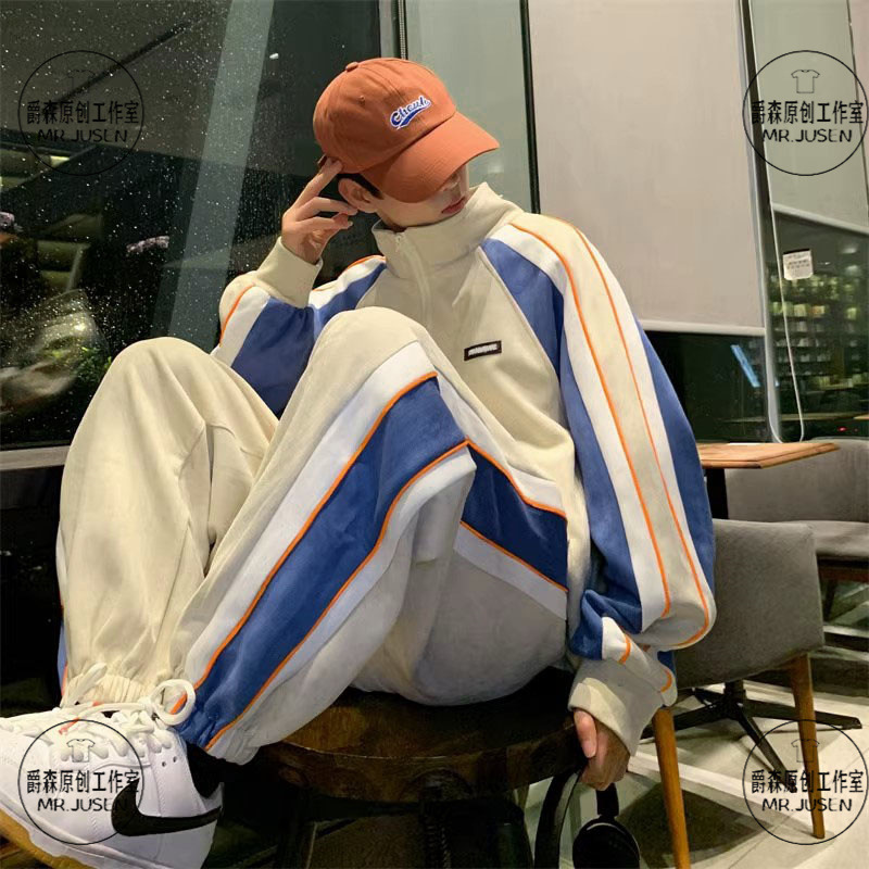 Spring and Autumn New Style Color-Blocking Polyester-Cotton Loose-Fitting Sportswear Set for Men and Women, Suitable for Student Class Uniforms and Couple Outfits