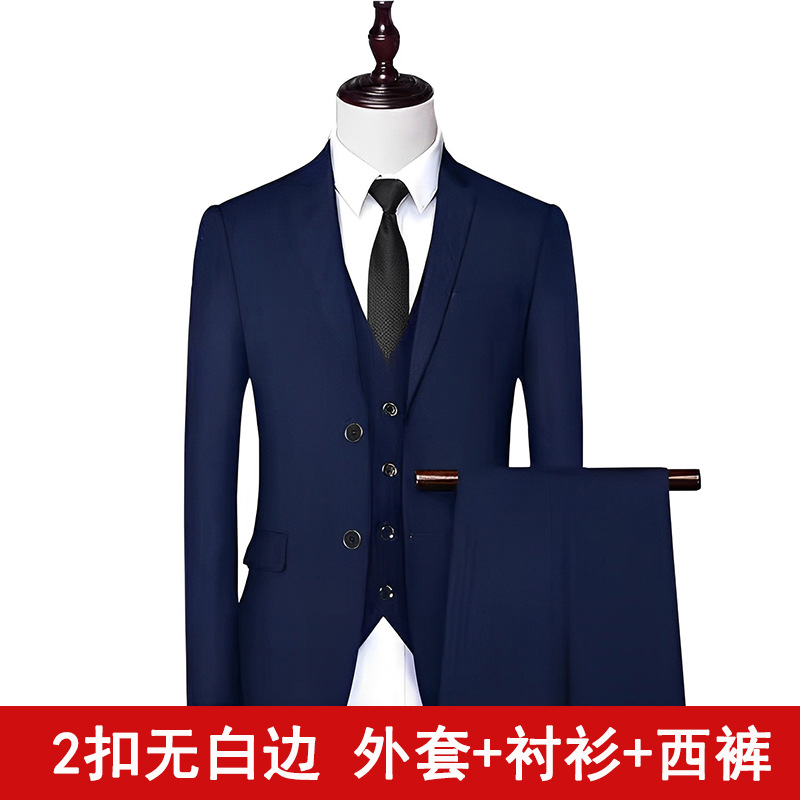2 botones azul marino sin bordes blancos, camisa, pantalones de traje