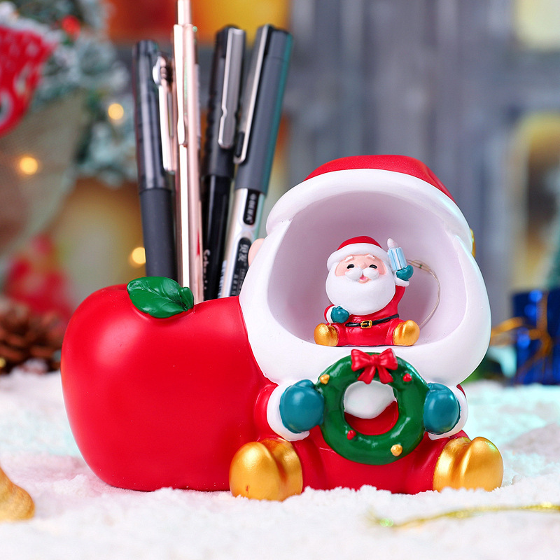 Casa de regalos de Navidad bolígrafo multifuncional de escritorio de almacenamiento de bolígrafo para niños regalos de resina de Nochebuena