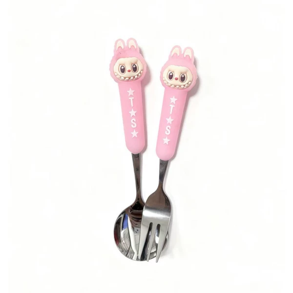 (Pink) No. 3 round spoon + No. 3 fork