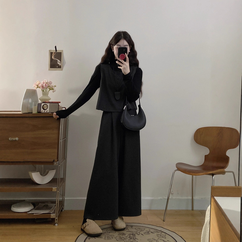 大码气质毛呢马甲长袖阔腿裤套装女2025秋冬洋气复古显瘦三件套|undefined
