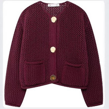 24款跨境女装批发 欧美风爆款圆领单排扣镂空粗针针织开衫