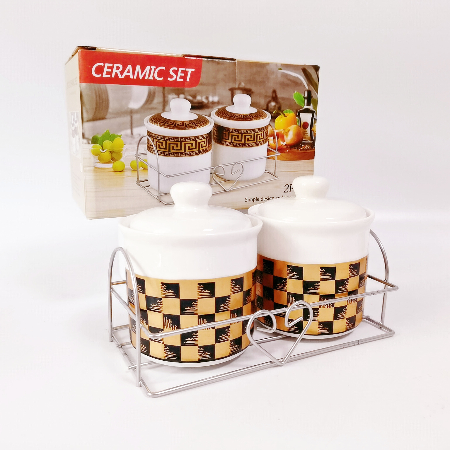 Exportación transfronteriza 2-pack cerámica chapado en oro condimento tarro con estante de hierro cocina condimento botella té tarro Oriente Medio