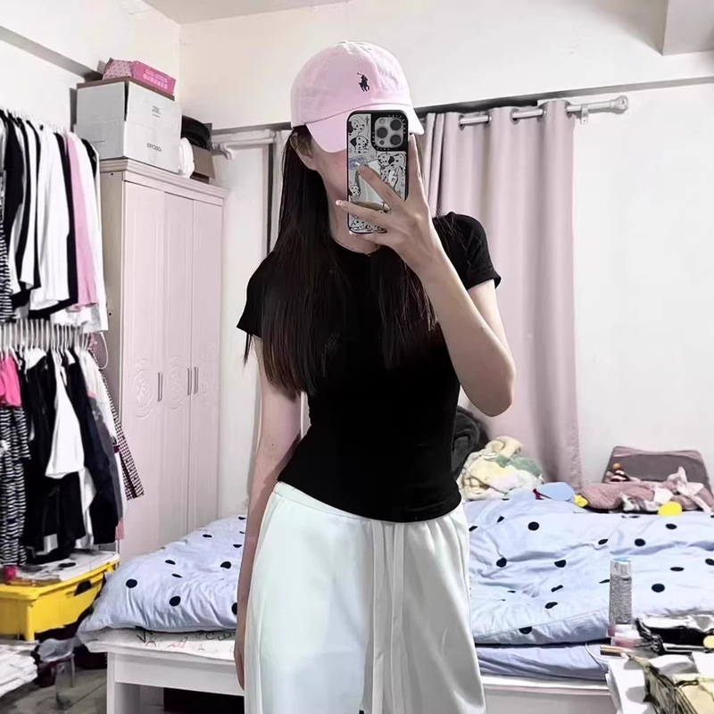 Rich Women's Same Style Black Shoulder Short-Sleeved T-Shirt Women's Tight-Fit Slimming Tight Waist Spice Girl Pure Desire Base Top Rich Women's Same Style Black Shoulder Short-Sleeved T-Shirt Women's Tight-Fit Slimming Tight Waist Spice Girl Pure Desire Base Top