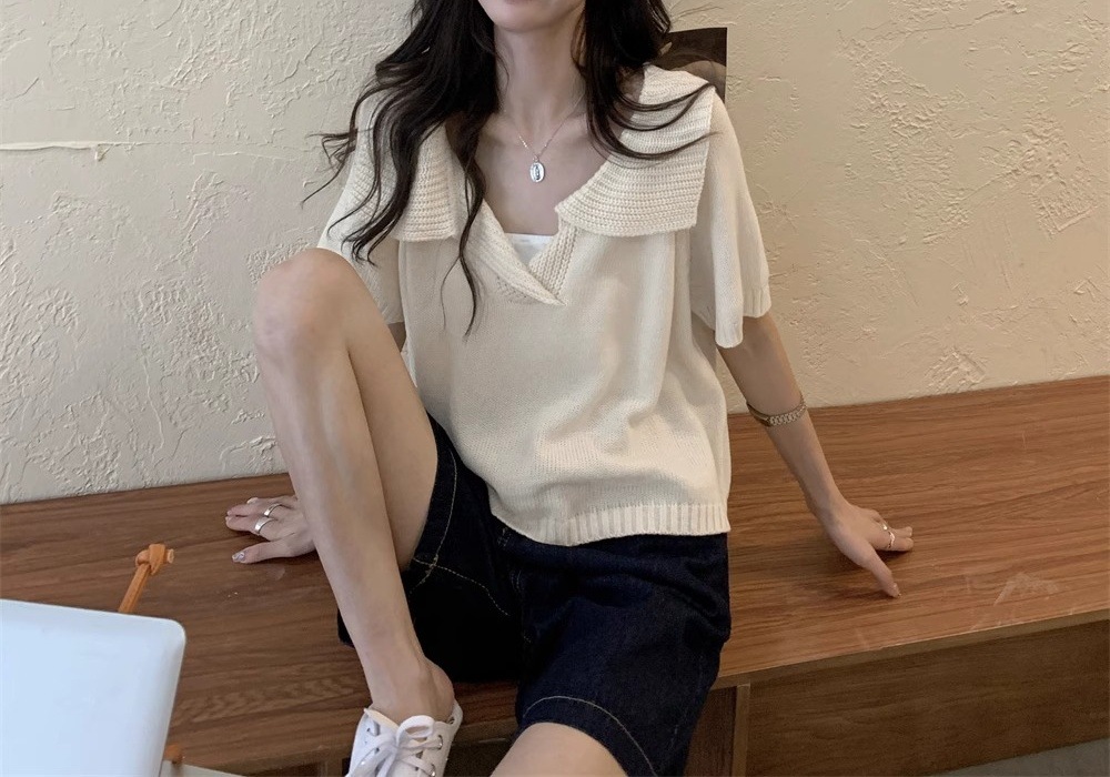 Design di nicchia unico e unico, sottile maglia in seta ghiacciata, top estivo da donna a maniche corte con scollo a V e piccola fragranza,_voghion.com