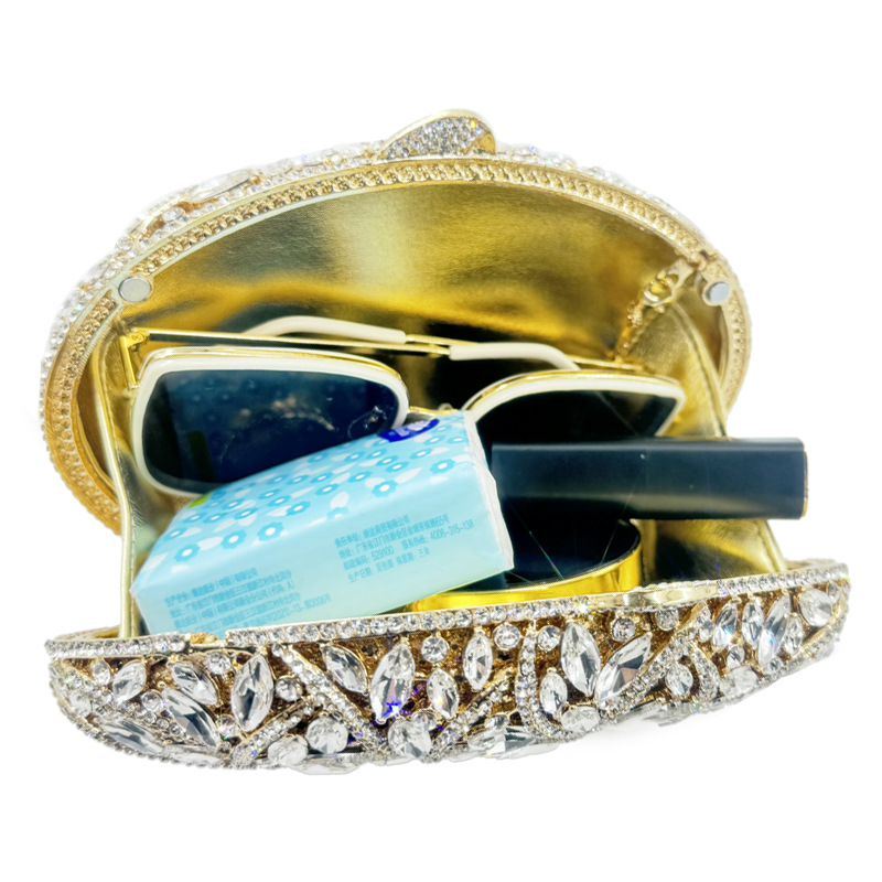 Cross border metal rhinestone glass women's bag oval handmade hand