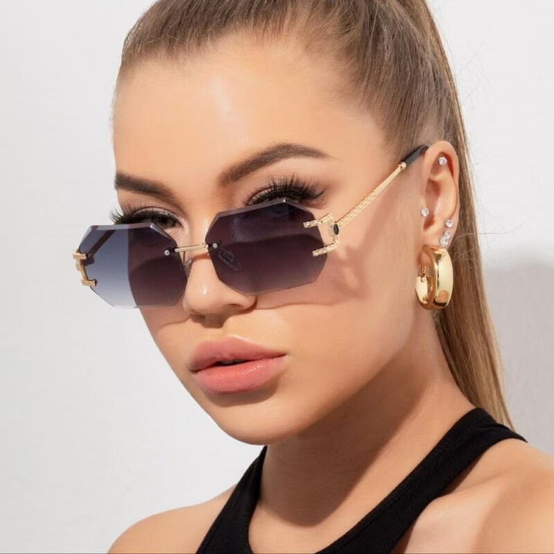 Cross-Border New Octagonal Frameless Sunglasses, Cross-Border Hot Seller, Gradient Lenses, Uv Protection, Metal Frame, Unisex, Lightweight