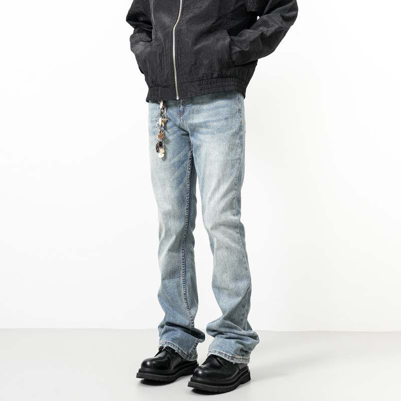 Men's Light Blue Distressed Flared Jeans High Street Loose Straight Fit Casual Cleanfit Style_voghion.com