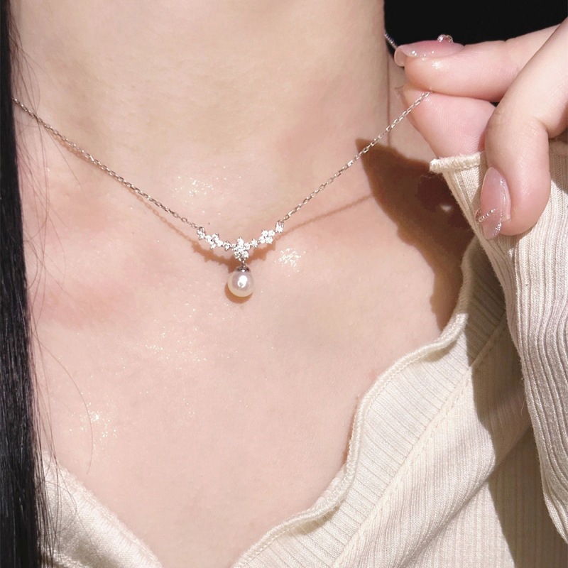 Funkelnde Diamant Perlen Anhänger Halskette Damen Elegante Schmuck_voghion.com