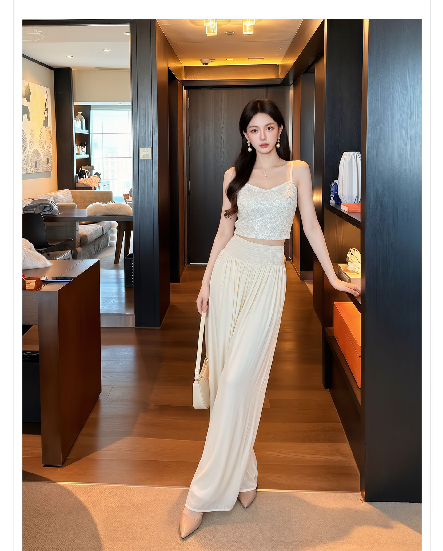 Bộ đầm maxi thắt eo phong cách quốc phong cao cấp — Gạo trắng Sling, bộ đồ, Quần dài màu hạnh chi tiết 5