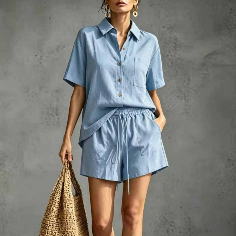 2026 Amazon Cross-Border Independent Site European and American Spring and Summer Western Casual Vacation Shirt Shorts Short-Sleeved Suit for Women 2026 Amazon Cross-Border Independent Site European and American Spring and Summer Western Casual Vacation Shirt Shorts Short-Sleeved Suit for Women