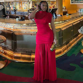 欧美女装气质优雅网纱拼接红色连衣裙女非洲洋气时尚高腰长裙子潮