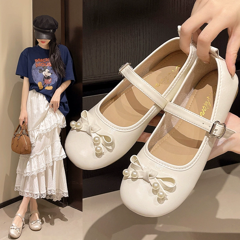 Женские туфли Мэри Джейн с внутренним увеличением, серебряный бант, весна-осень 2025, новые балетки в стиле феи