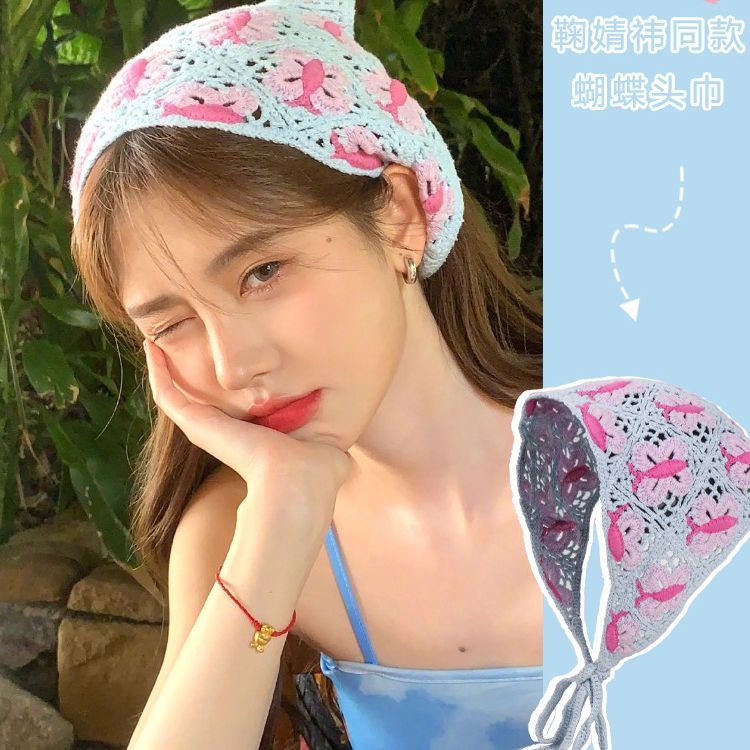 Star with handmade crochet retro knitted triangle scarf women's cute headscarf y2k hot girl niche photo hat