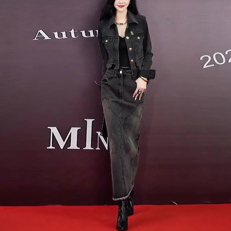 秋装女年新款休闲时尚高腰短款工装牛仔外套半身裙套装两件套|undefined