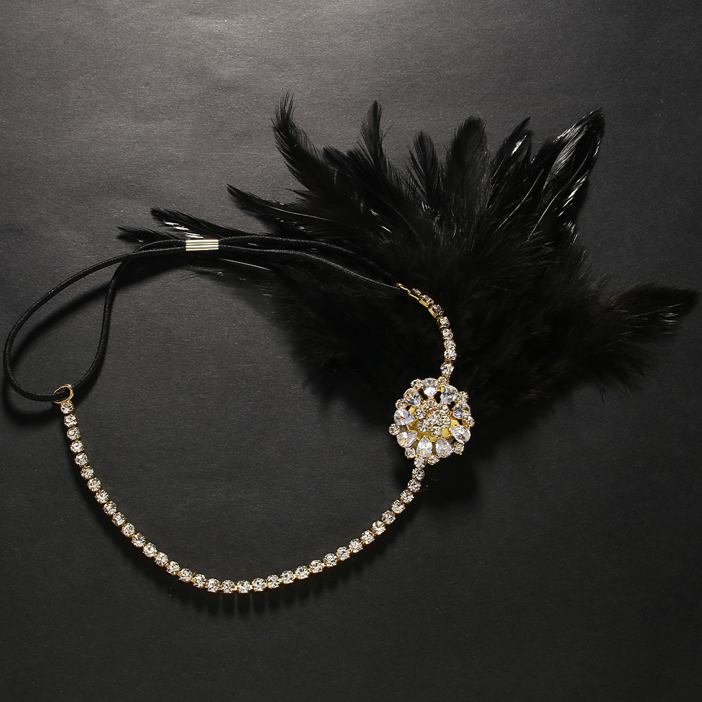 Feather headband European flower rhinestone headdress stage catwalk hair accessories antique style_voghion.com