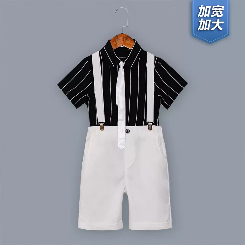 男童夏季新款胖版条纹短袖背带裤套装加肥主持人正装演出礼服批发