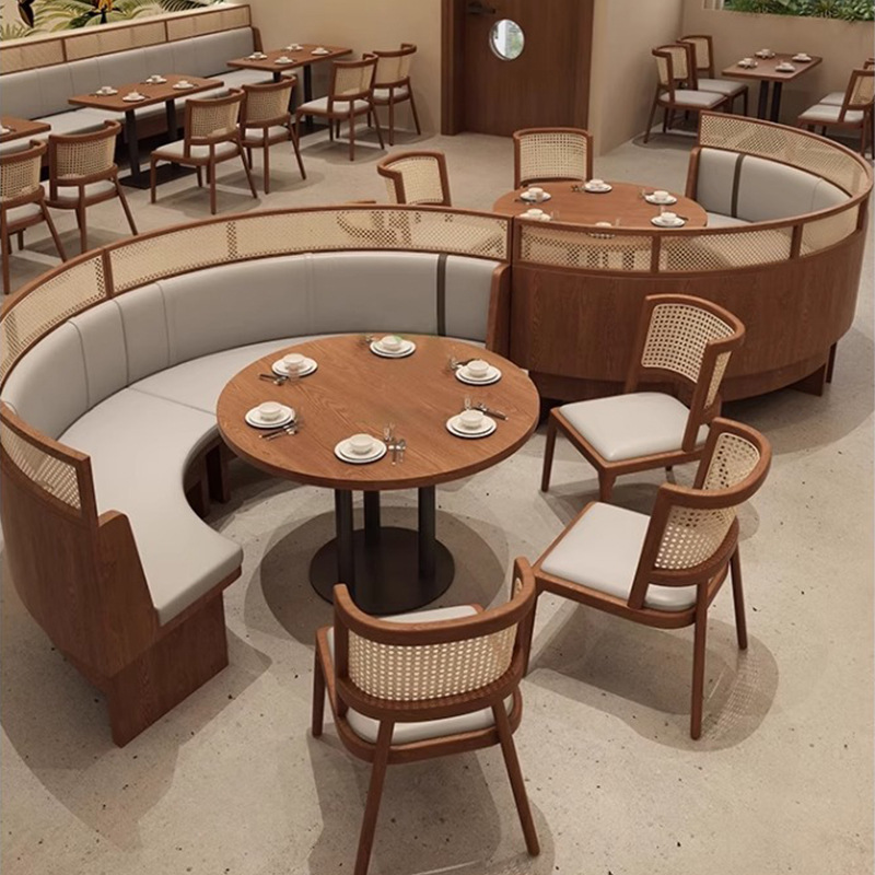 Юго-Восточная азия тема ресторанная будка диван твердый деревянный ротанг обеденный стул западный ресторан отель обеденный стол и стул комбинация коммерческое использование