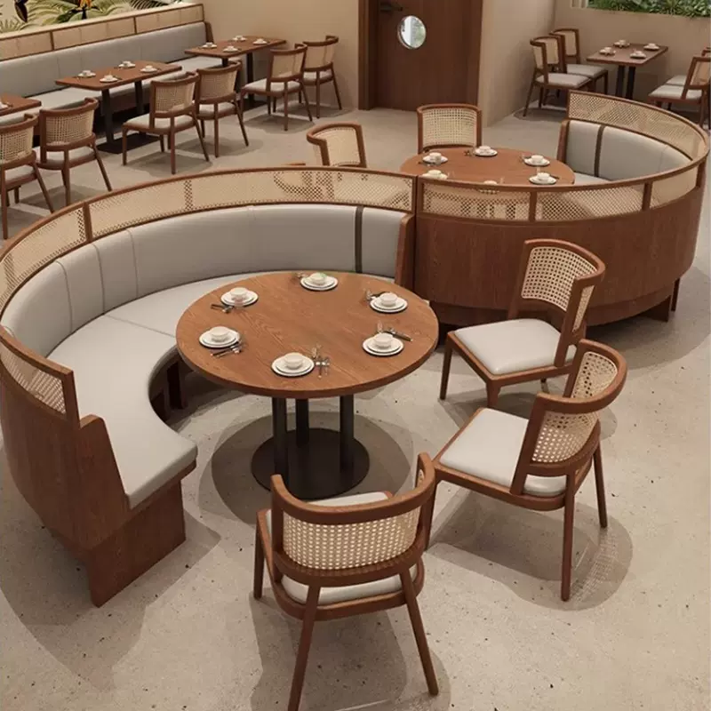 东南亚主题餐厅卡座沙发实木藤编餐椅西餐厅酒店餐饮桌椅组合商用