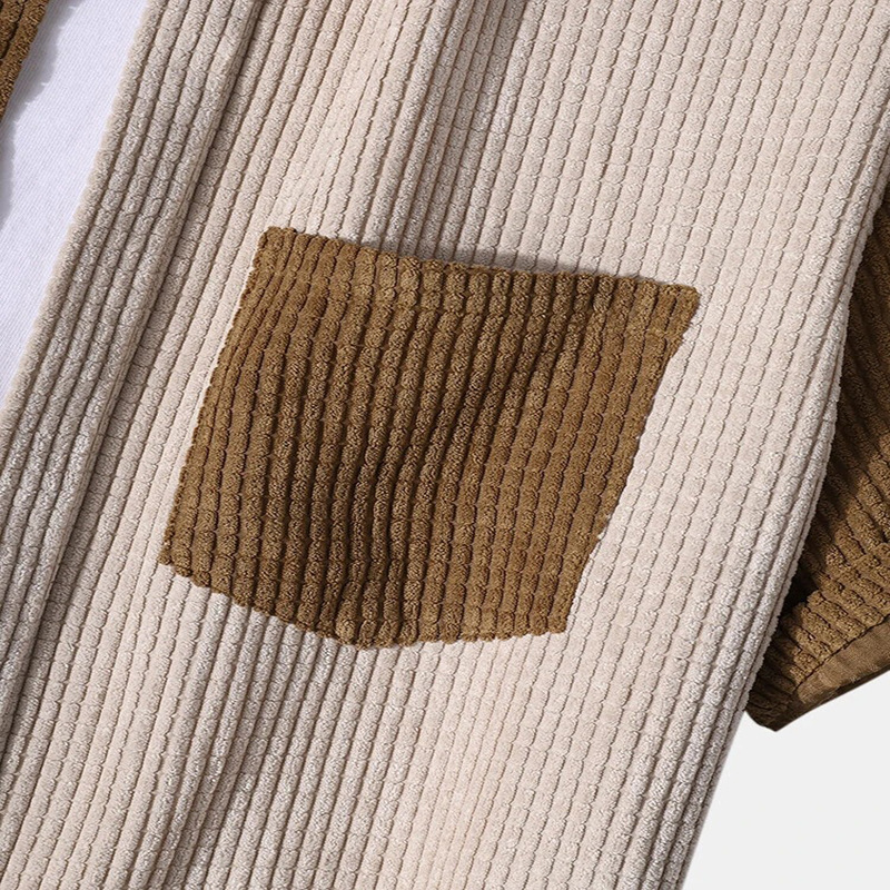 European And American 2025 Spring/Summer Men's Casual Loose Waffle Patchwork Corduroy Short Sleeve Shorts Two-Piece Set_voghion.com