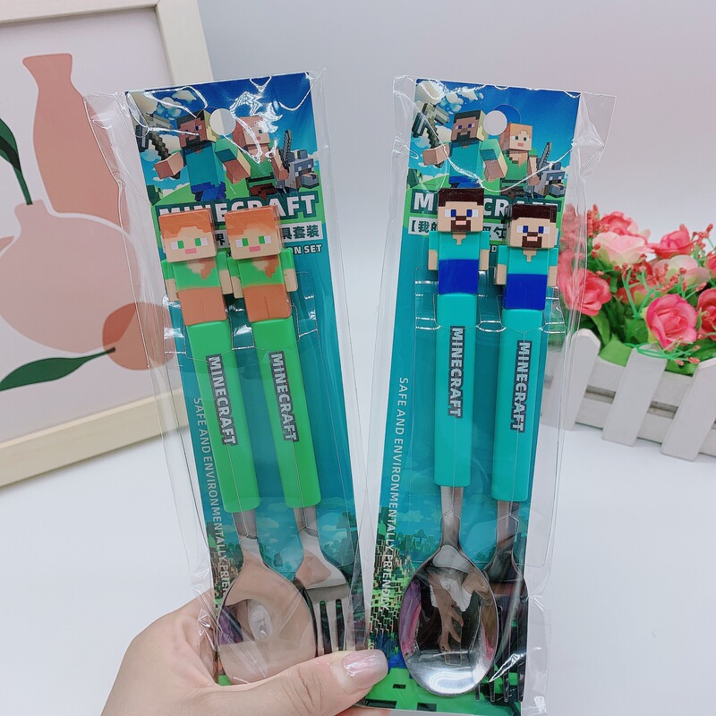 New Minecraft Fork and Spoon Stainless Steel Two-Piece Cutlery Set for Children, Portable Tableware for Students, Outdoor Tableware in a Bag