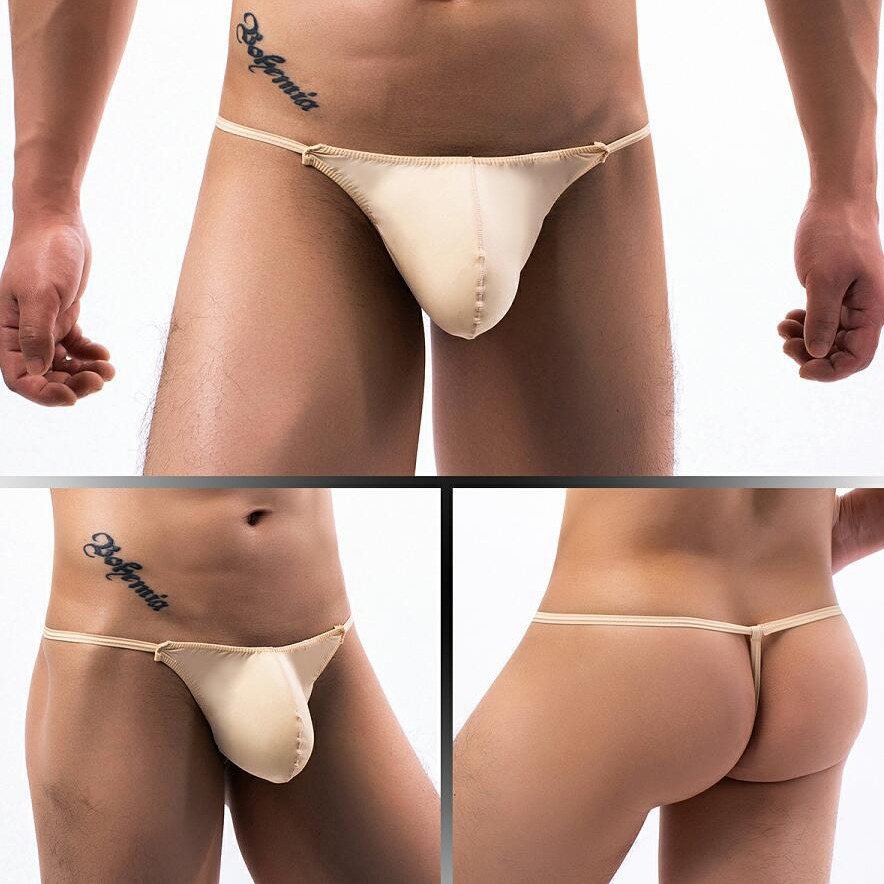 Ropa interior masculina de cintura baja, fresca y sexy, de seda helada, con anillo JJ, tanga multiusos con forma de U convexa, E068