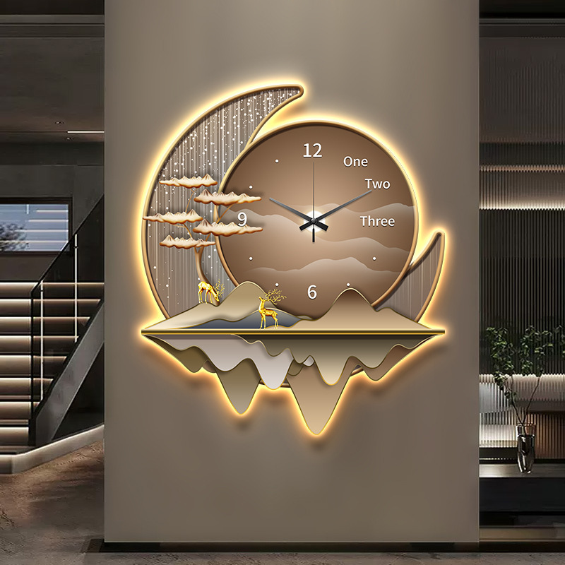 Luz de lujo restaurante decoración pintura creativa reloj lámpara de pared 2025 nuevo reloj de sala de estar pintura de fondo reloj de pared