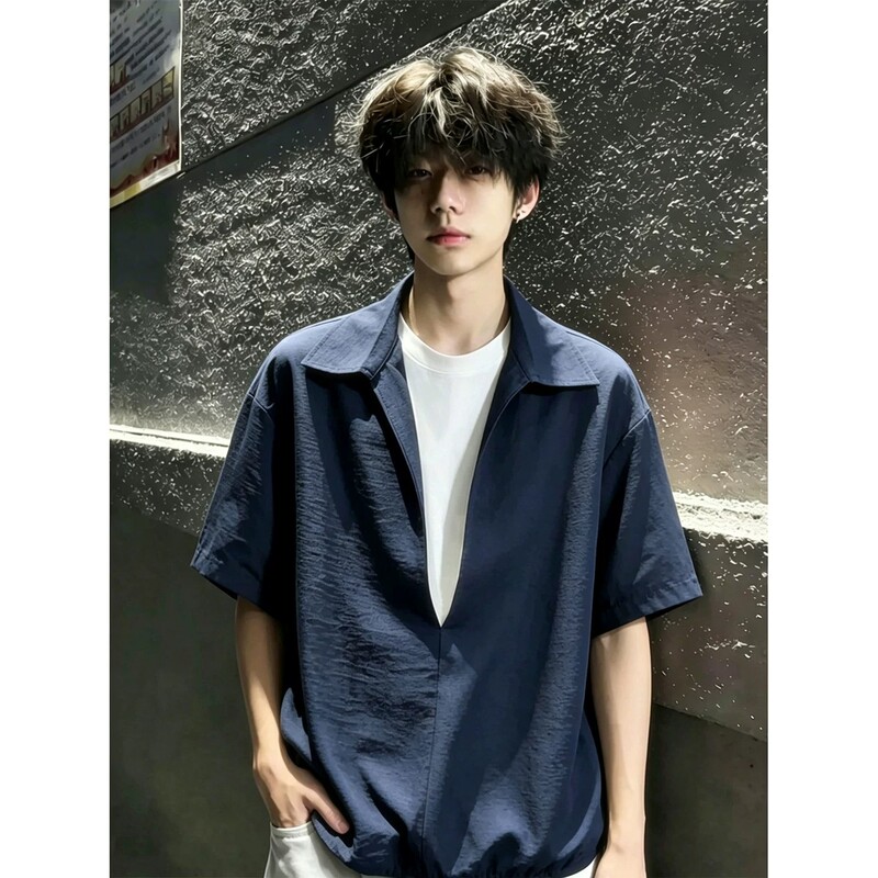 Navy Blue Fake Two-Piece Shirt Short-Sleeved Men's Summer Imitation Linen V-Neck T-Shirt Shirt Lightweight Lapel Half-Sleeved Jacket