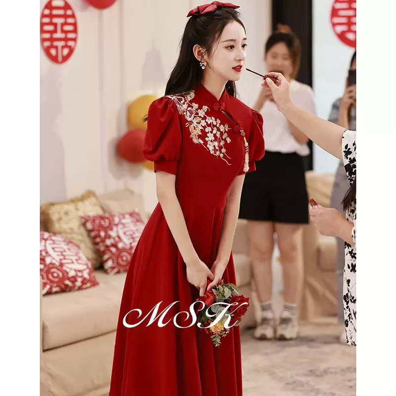中式旗袍敬酒服新娘红色2025新款秋冬结婚礼服回门便装订婚连衣裙