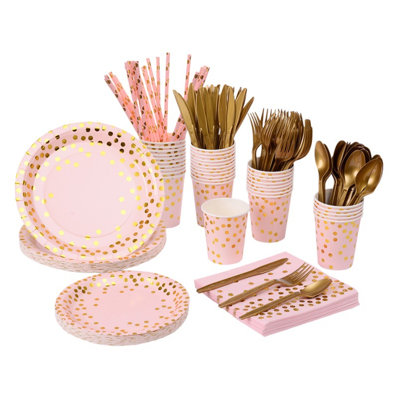 Yao Sheng vajilla de papel colorido traje dorado rosa de oro serie partido desechable taza de papel cuchillo de tejido, tenedor y cuchara