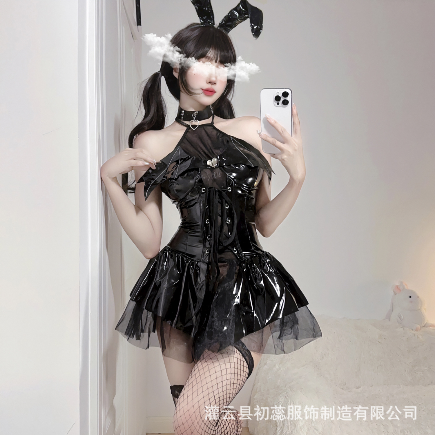Anime Little Devil Sexy Gloss PU Neck Strap Skirt suit Succubus COS Uniform Women's Hair