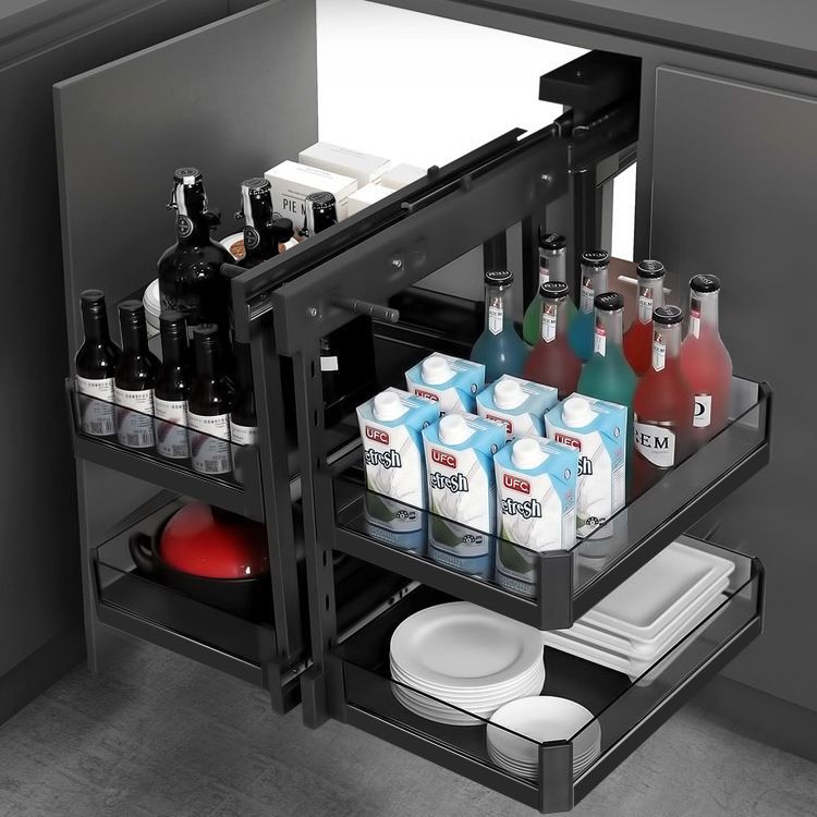 Cesta extraíble esquinera para armarios, totalmente abierta, para especias de cocina y platos pequeños, tipo cajón, de gran capacidad para almacenamiento en esquina.