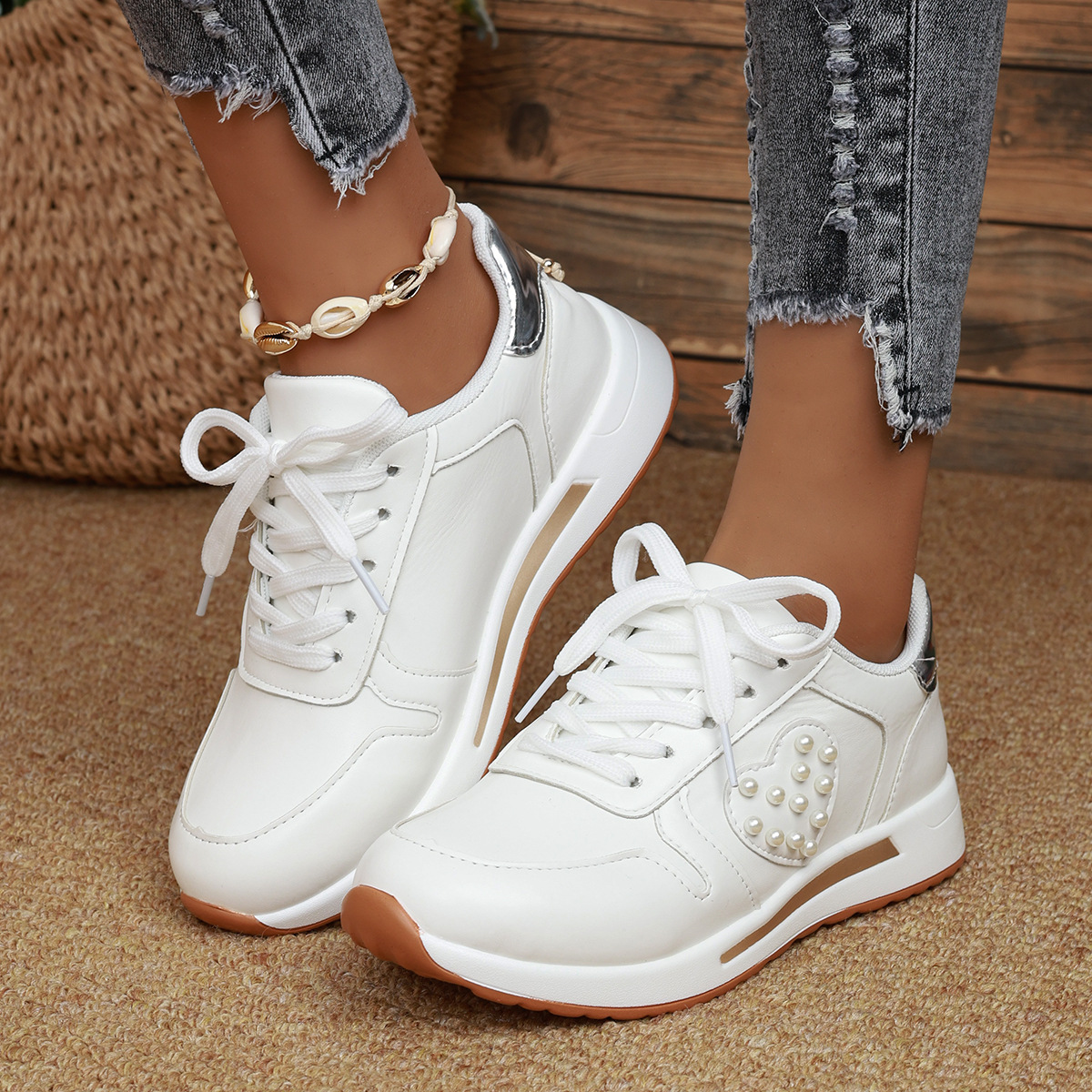 Women's Shoes large size sports shoes for women 2024 new love pearl color matching lace up thick bottom casual shoes large size _voghion.com