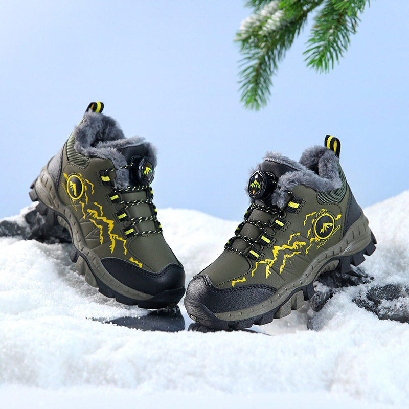 Zapatos de algodón para niños transfronterizos en invierno al aire libre con garras de acero de vello antideslizante zapatos de montaña para niños mayores gruesas y cálidas botas de nieve