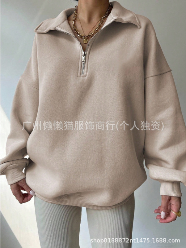 2025新款亚马逊春秋新款女式纯色宽松半拉链开襟长袖简约休闲卫衣|undefined