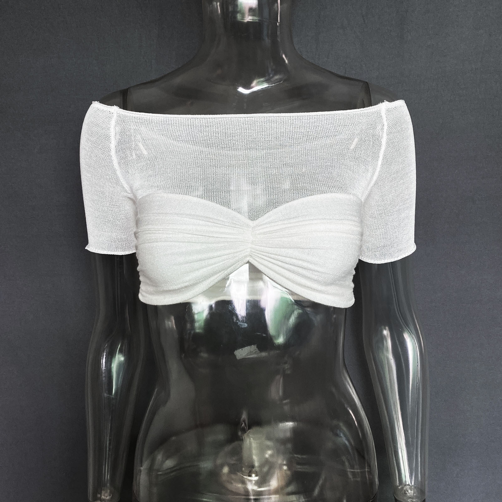 Spring Summer Women Clothes off-Shoulder Collar See Through Short Short Sleeve T Shirt