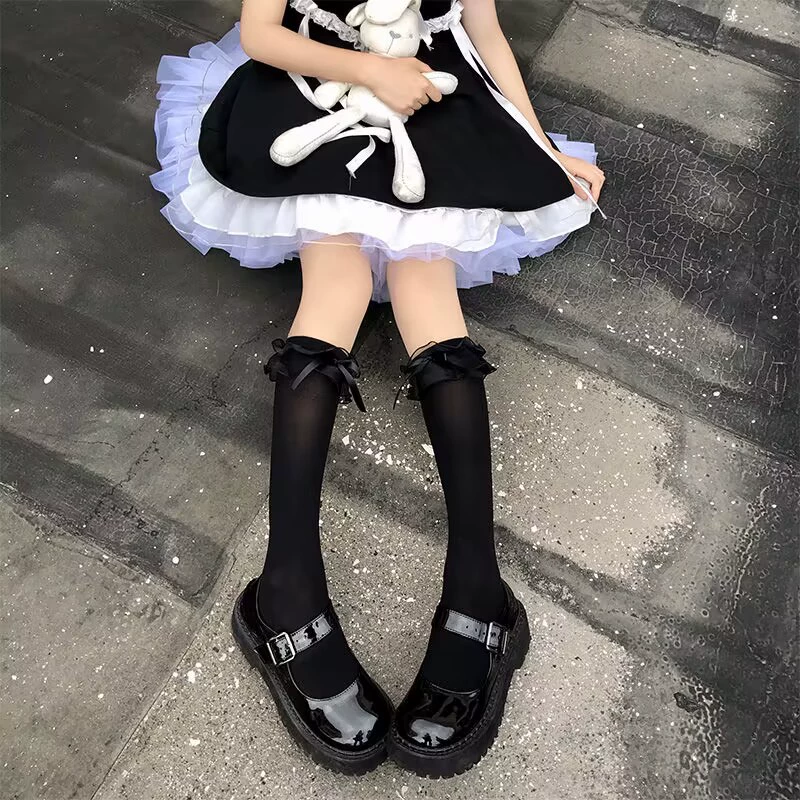 Деми-сезонные однотонные кружевные колготки с бантом, стиль Lolita, кружевное платье, средняя длина