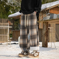 毛呢格子休闲裤男2025秋冬季新款加绒加厚棉裤青少年宽松阔腿裤子