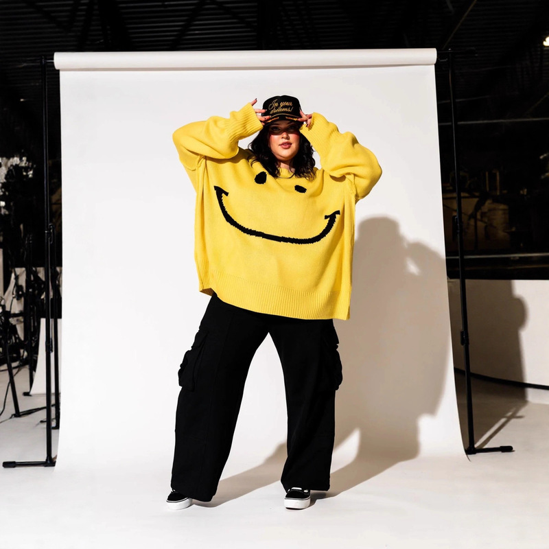Trendy European and American Style Yellow Cute Smiley Face Popular Fashion Round Neck Street Versatile Knitted Sweater Long