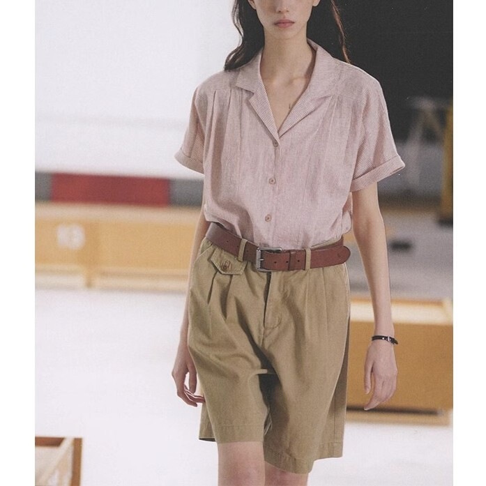 High-Density Organic Cotton Raglan Rolled Cuff Sleeves Cuban Collar Striped Short-Sleeve Shirt for Women