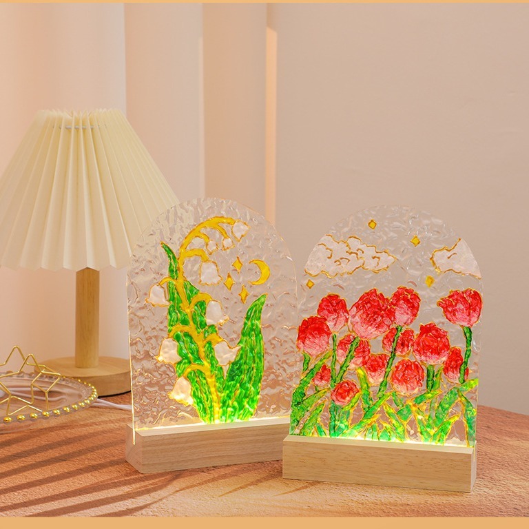 チューリップガラス画小夜灯手作りdiy絵画材料包水波紋灯アクリル板学生プレゼント|undefined