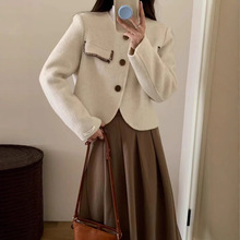 2025秋冬新款双面羊毛大衣休闲圆领特种贝壳绣截短单排扣毛呢外套