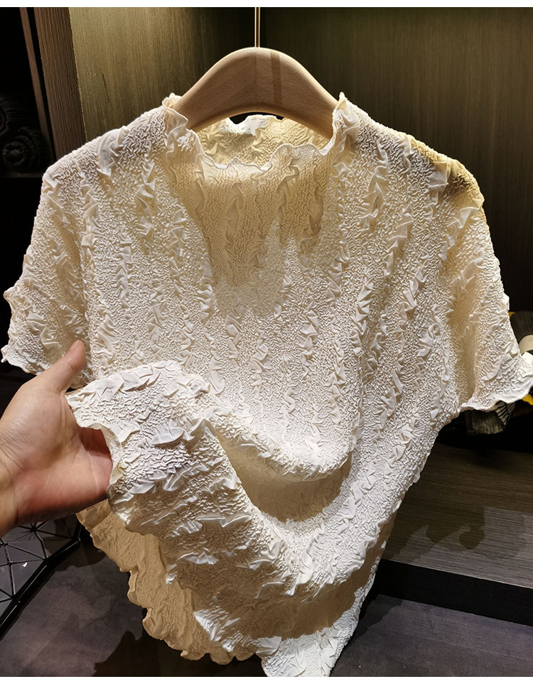 Áo thun nữ tay ngắn cổ tròn phối ren hoa nổi cao cấp — màu đen, Xanh lá cây nhạtcolor, màu tím nhạt, màu mơ chi tiết 6
