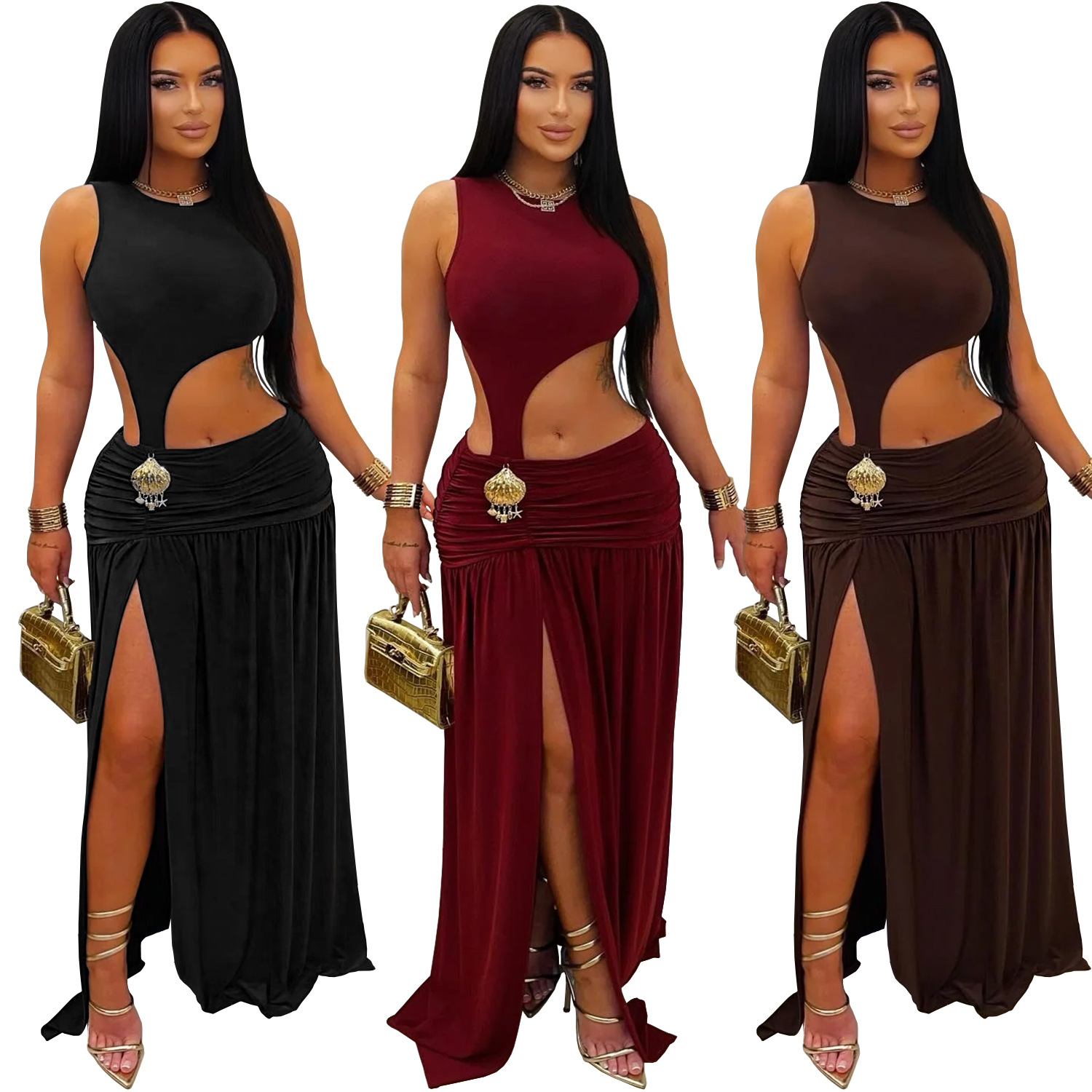 C7597 Aliexpress transfronterizo Amazon Europa y América moda femenina sexy color sólido sin mangas umbilical vestido bifurcado image 6